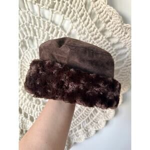 Vintage 60s Chocolate Brown Suede Faux Fur Trim Pillbox Hat